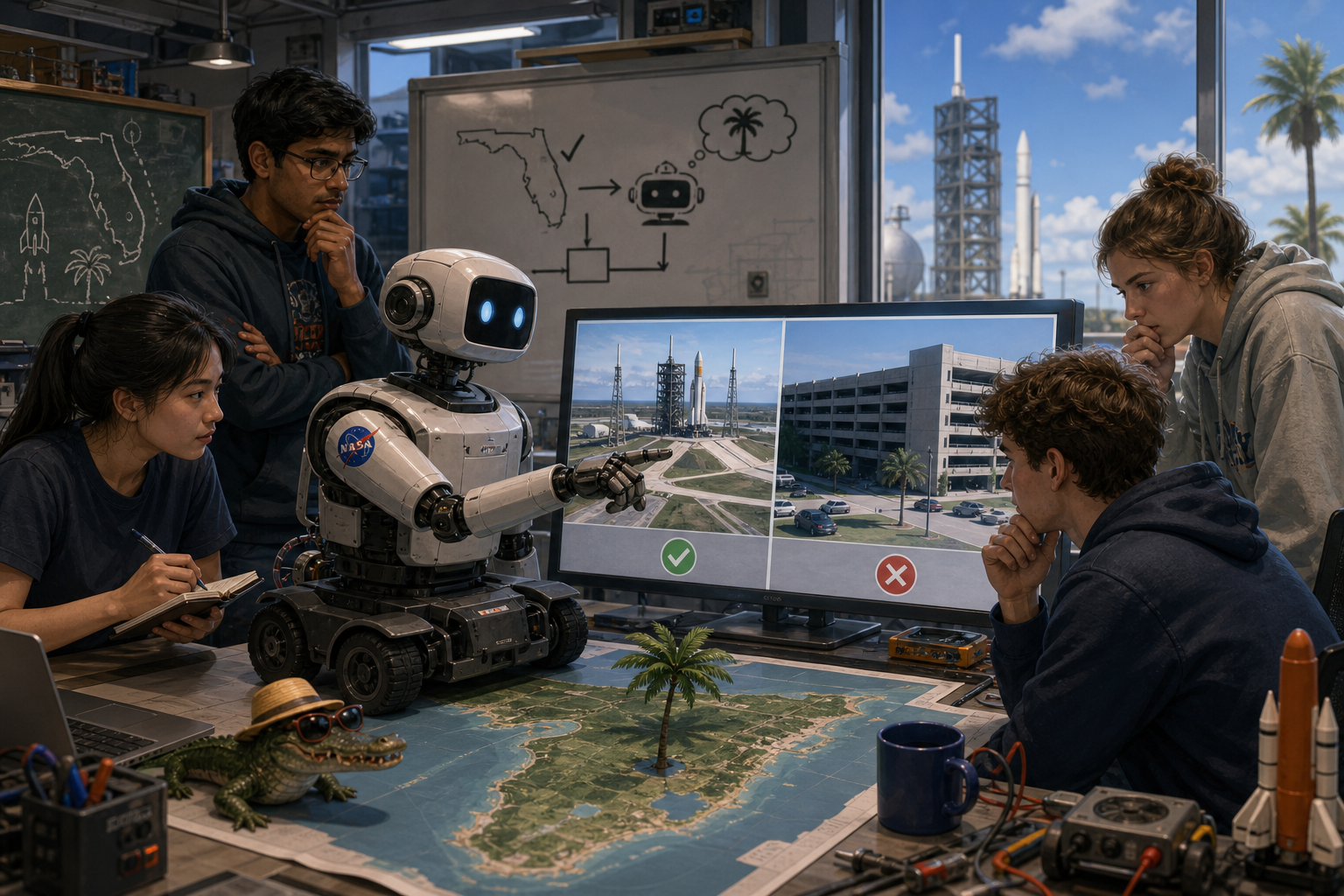 Editorial illustration of the university team will face competitors from Australia, India and the United States after completing a final systems check on whether the machine can distinguish a launch facility from a parking structure..