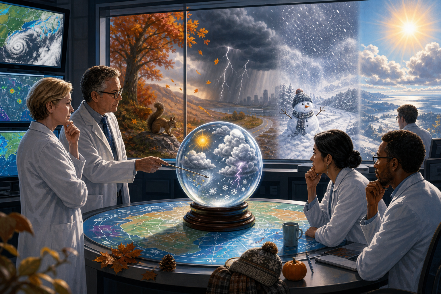 Editorial illustration of meteorologists examining autumn and winter conditions confirm that several outcomes remain technically possible, including the ones people remember selectively..