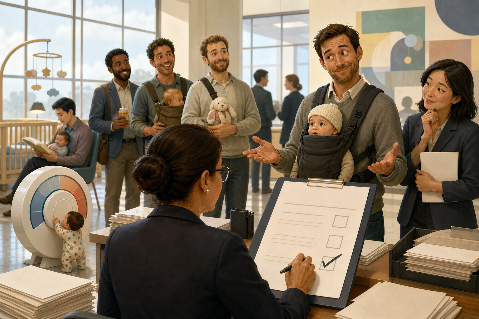 Editorial illustration of A fictional symbolic editorial scene centered on administrators say the increase in bonding claims may require updated forms, including a checkbox for parents who intend to return from leave having learned the baby’s preferred thermostat settings., using anonymous figures and abs.