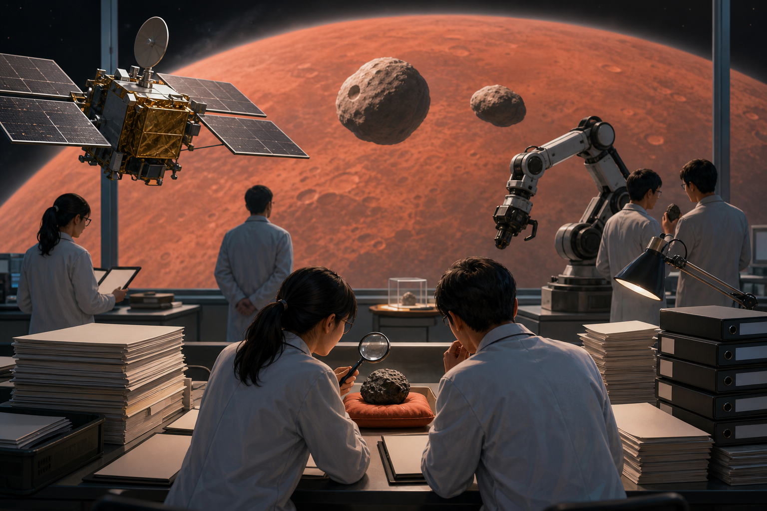 Editorial illustration of A fictional symbolic editorial scene centered on the MMX mission will study Phobos and Deimos, return a sample, and subject two small moons to the level of administrative attention usually reserved for objects with atmospheres., using anonymous figures and abstract props in a gen.