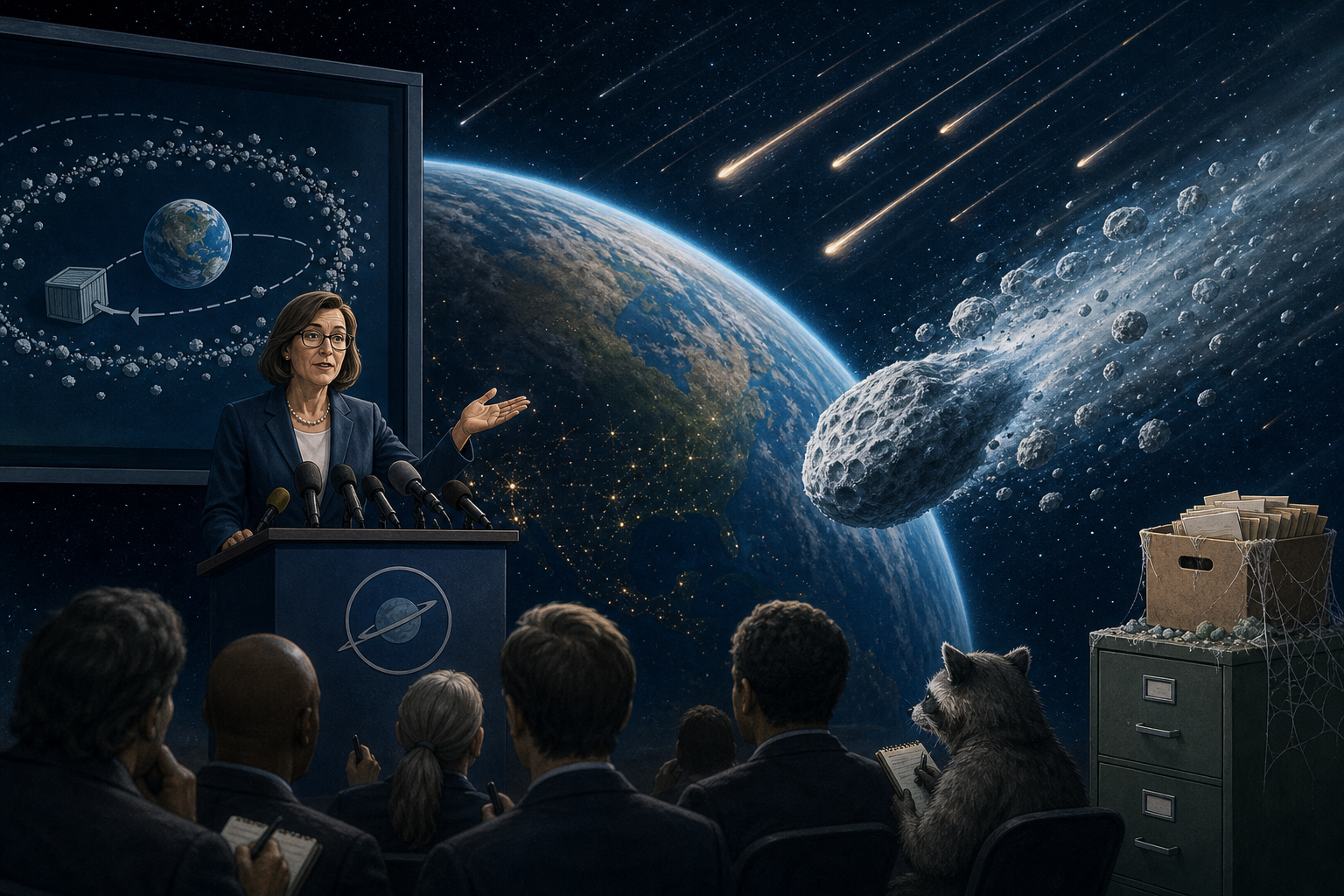 Editorial illustration of officials describe the annual Orionid meteor shower as a harmless reminder that the planet’s long-term storage policy remains “largely orbital.”.