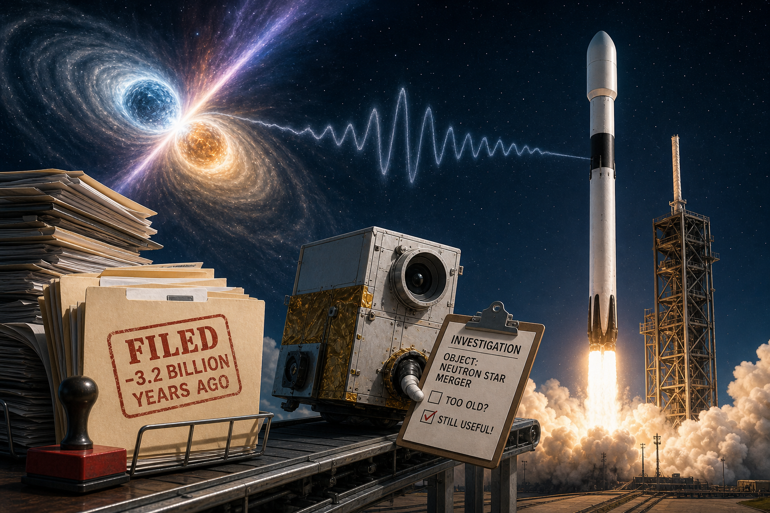 Editorial illustration of nASA’s StarBurst mission will examine signals from neutron star mergers, which officials say remain scientifically useful despite arriving after the events in question have concluded..