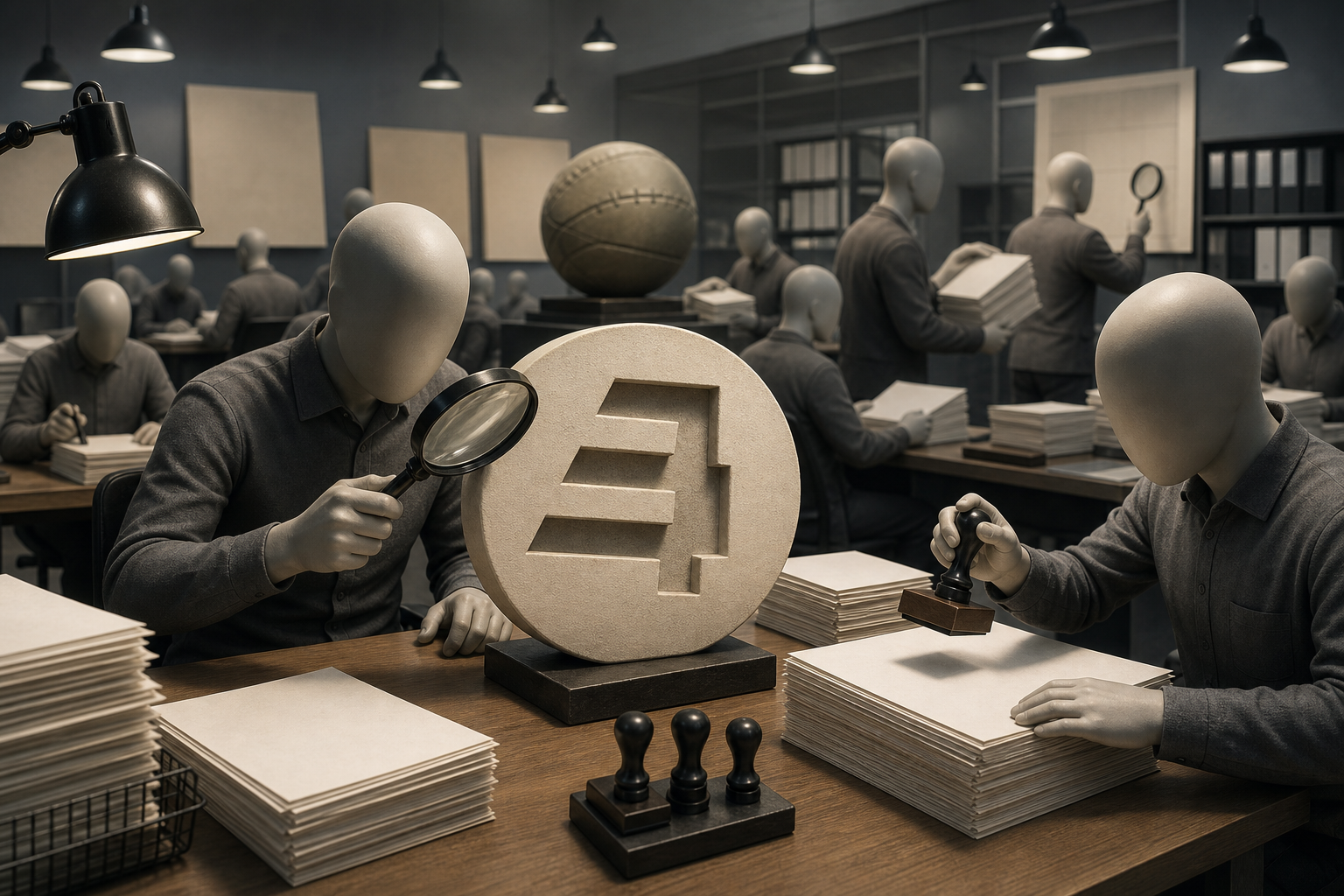 Editorial illustration of faceless clerks examining a large abstract ranking symbol with magnifying glasses and rubber stamps in a paperwork-filled football office.