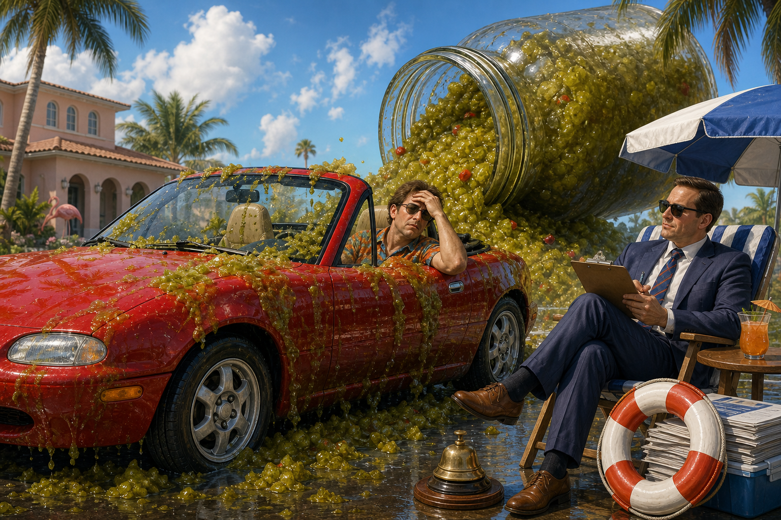 Editorial illustration of the optional coverage would reimburse cleaning costs while excluding incidents involving relish, which insurers describe as actuarially unpredictable..