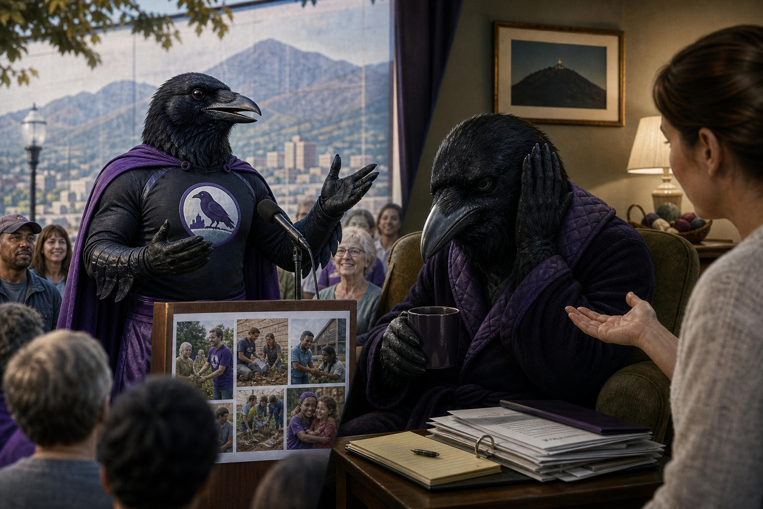 Editorial illustration of in public, the Roanoke Raven promotes nonprofit work; in private, he reportedly avoids eye contact when someone says, “We just need one more volunteer.”.