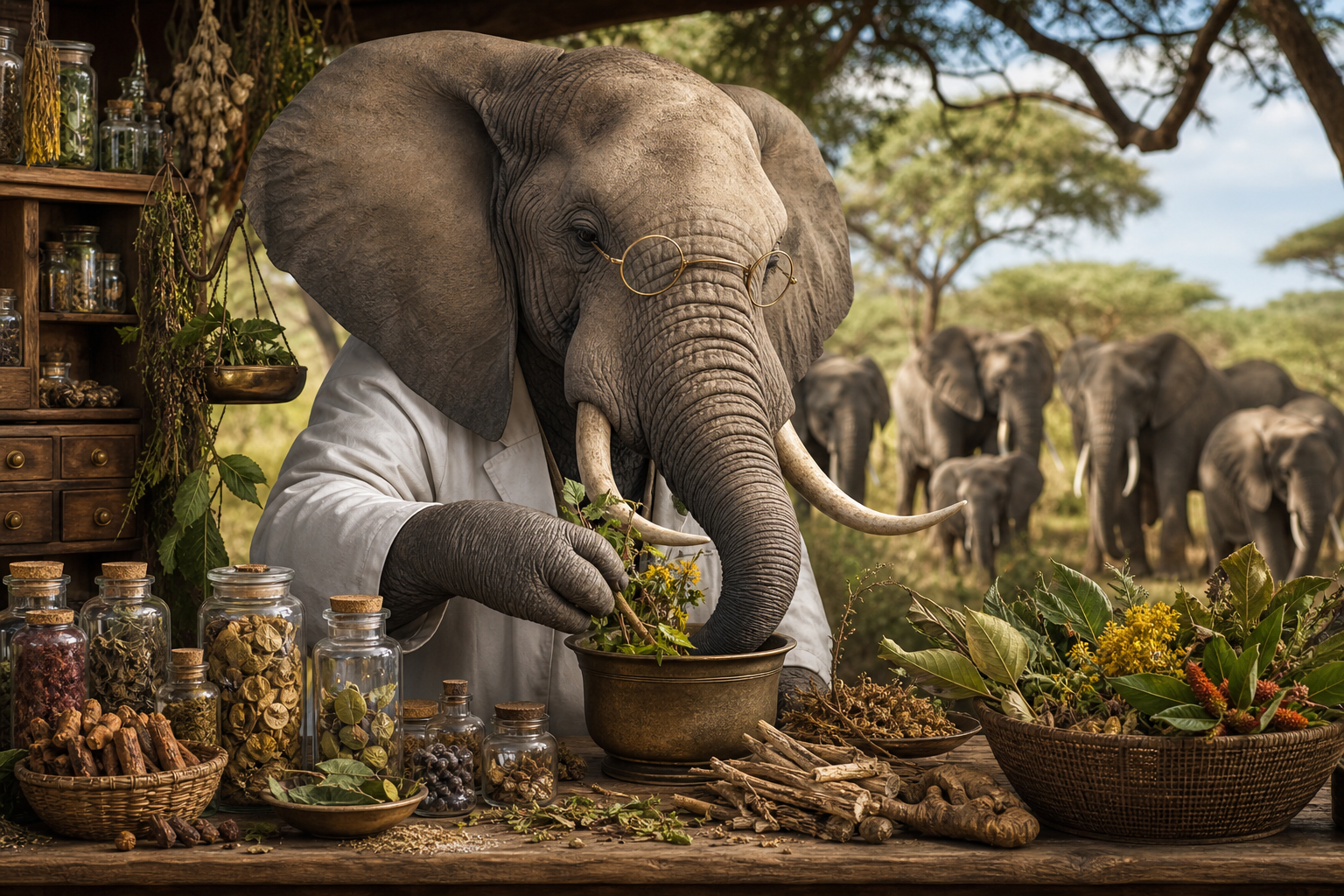 Editorial illustration of researchers say sick elephants select from dozens of medicinal plants, raising questions about whether the forest’s formulary requires prior authorization..