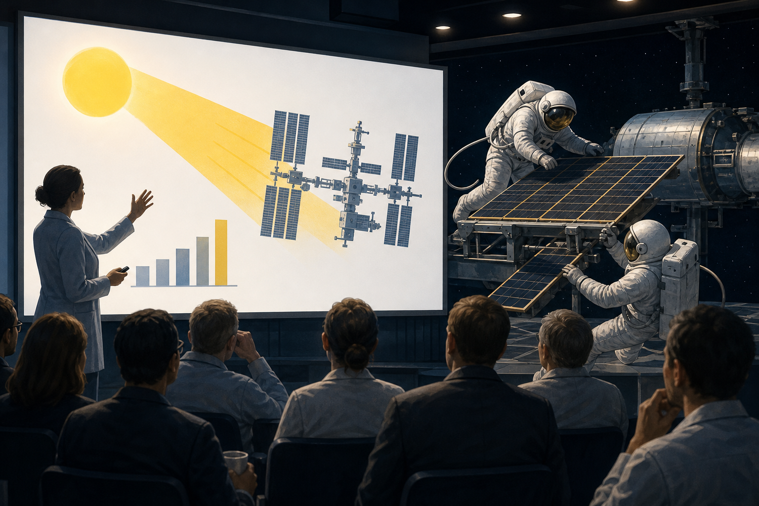 Editorial illustration of A fictional symbolic editorial scene centered on agency says astronauts will install solar arrays and electrical upgrades, while officials demonstrate the concept of sunlight using a carefully labeled chart., using anonymous figures and abstract props in a generic science setting.