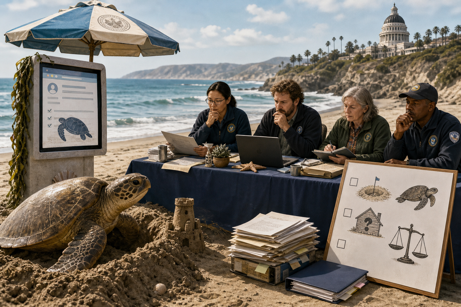 Editorial illustration of officials say the animal’s nesting activity will be reviewed by marine ecologists, climate scientists, and a small interagency panel assigned to determine whether one nest constitutes an address..