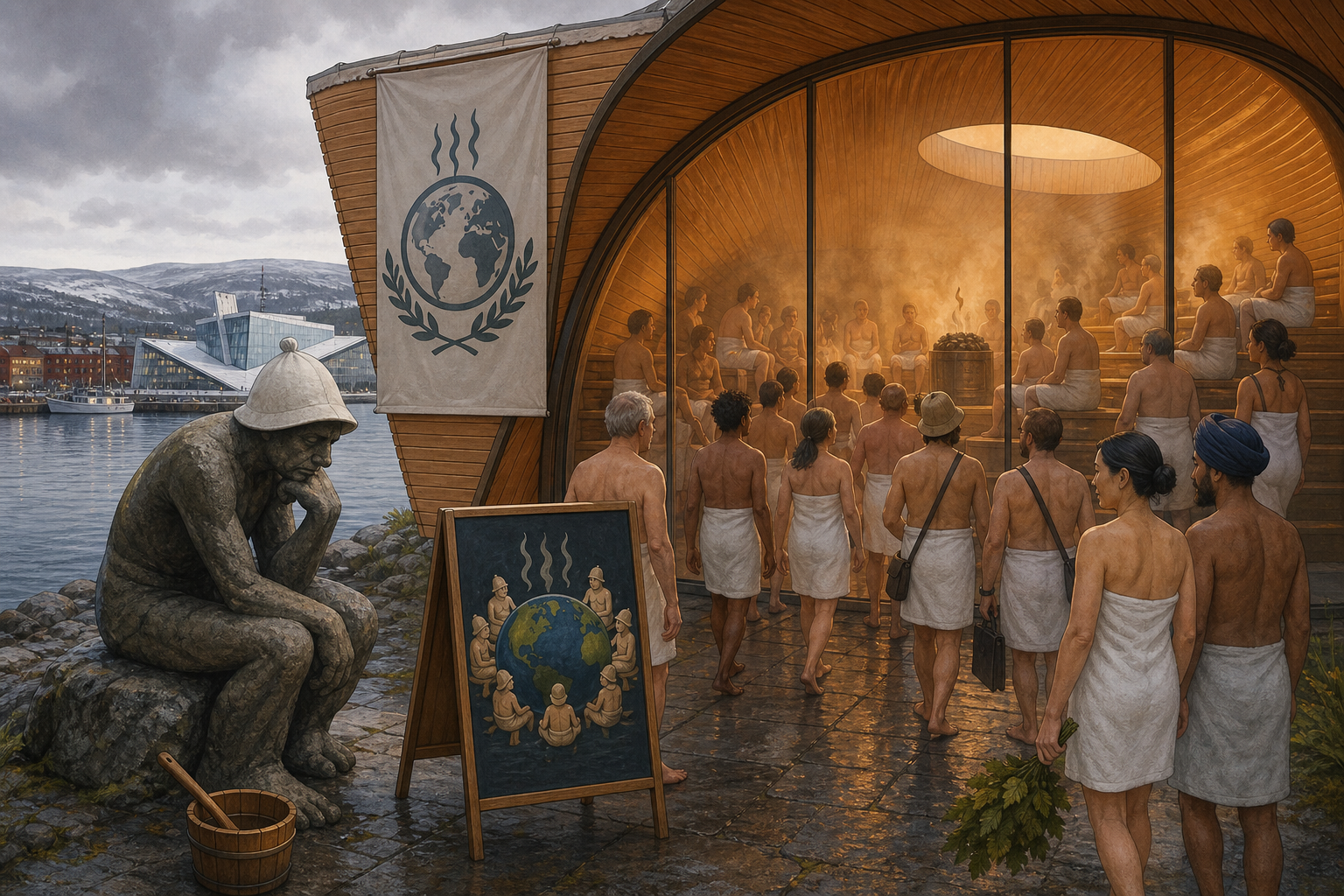 Editorial illustration of delegates in Oslo will examine whether communal perspiration can address loneliness, or merely provide it with cedar paneling..