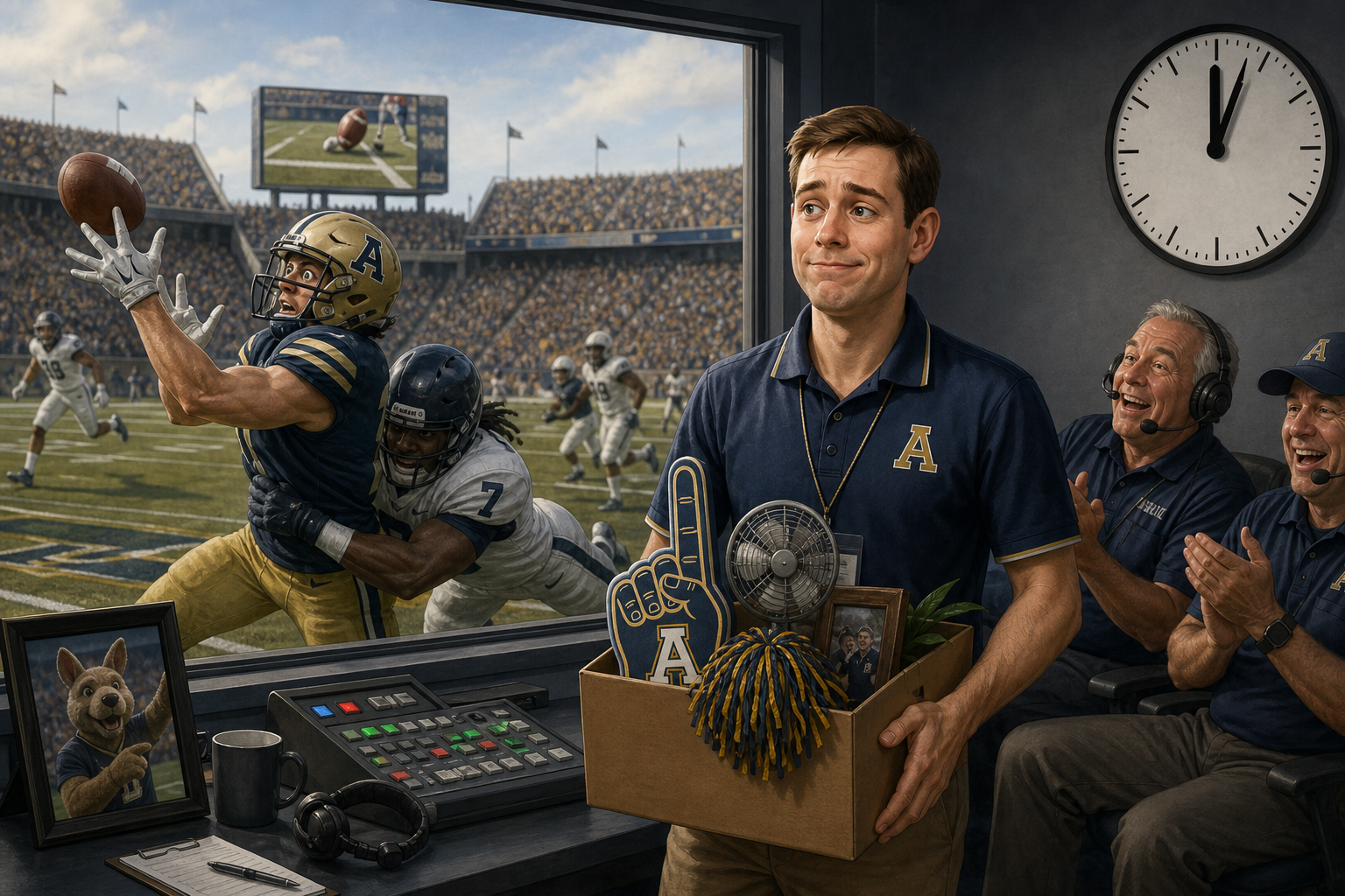 Editorial illustration of marty Whims’ first drive ended in a receiver fumble, allowing the program to offer participants an unusually realistic introduction to job insecurity..
