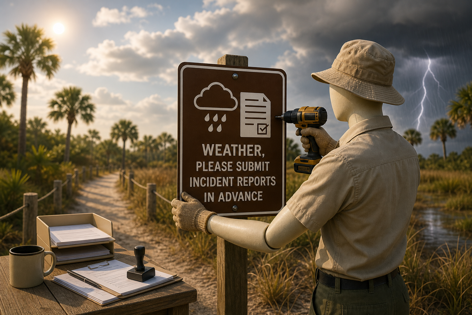Editorial illustration of park worker installing signage to control lightning.