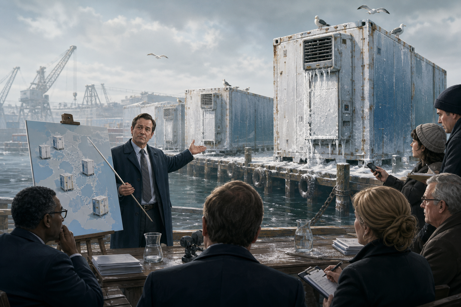 Editorial illustration of officials say the units are not being abandoned but ‘held in a distributed refrigeration posture’ without electricity, access, or an agreed owner..