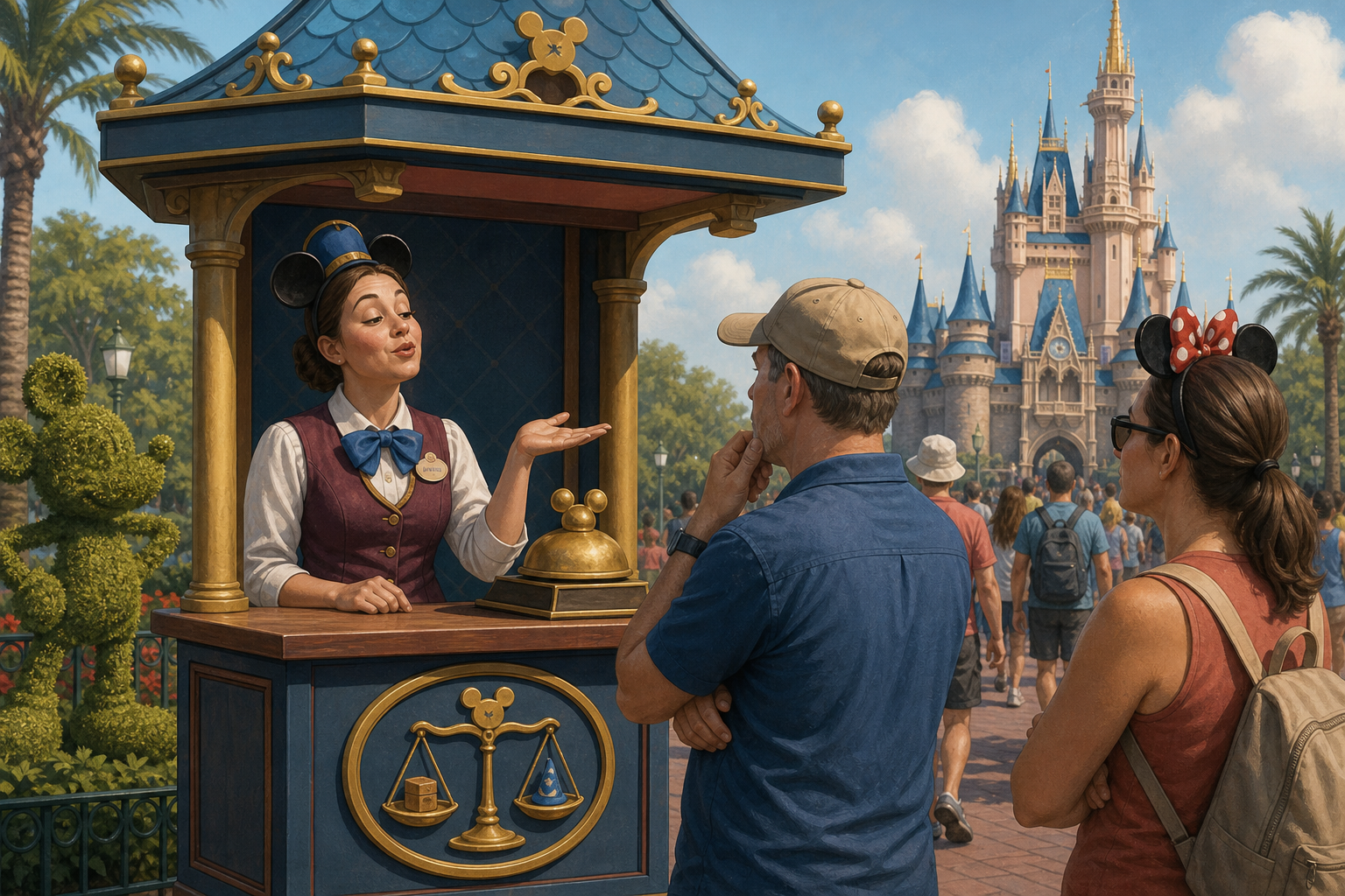 Editorial illustration of guests will be invited to acknowledge the increase at a small kiosk staffed by a cast member trained to say, “The magic has also reviewed the market conditions.”.